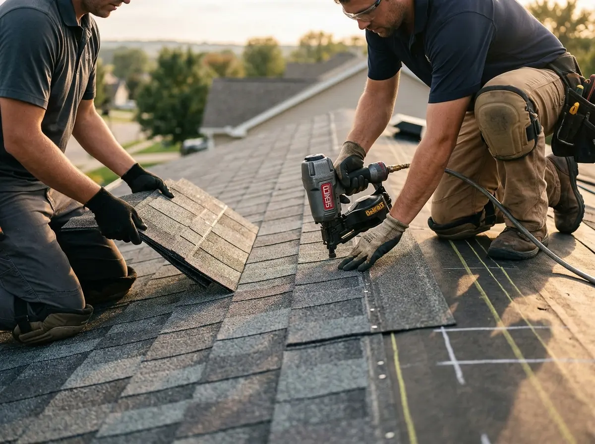 Professional roofer working on a residential roof in Shorewood